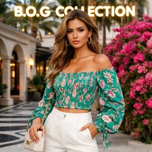 B.O.G Collection 100% Viscose Floral Smocked Off Shoulder Crop Top Boho Chic